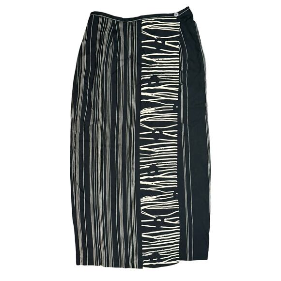 1990s Vintage Wrap Midi Skirt Abstract Stripe Print Womens Sz Small Black Cream - Picture 1 of 8